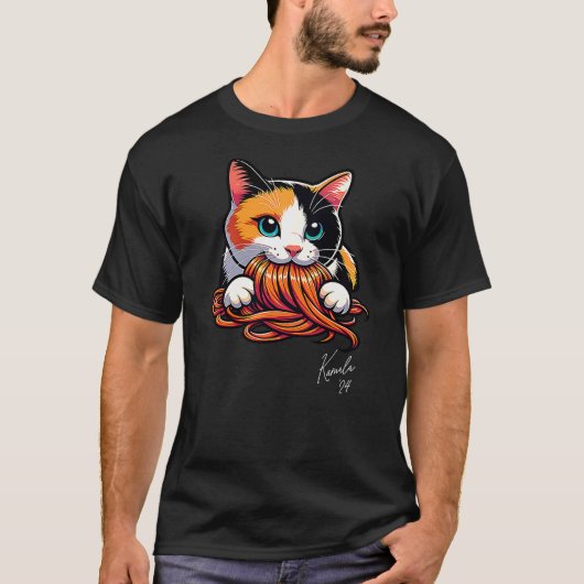 Kamala Harris Cat Eating an Orange Wig, Funny Joke T-shirt (Voorkant)