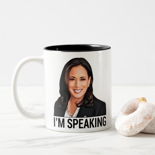 Kamala Harris Debate Ik spreek Tweekleurige Koffiemok (Met donut)