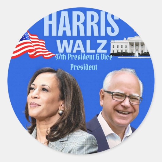 Kamala Harris en Tim Walz-2024 Ronde Sticker (Voorkant)