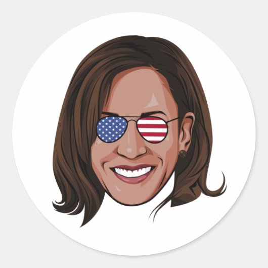Kamala Harris - Hoofd met Aviators Patriotic Ronde Sticker (Voorkant)
