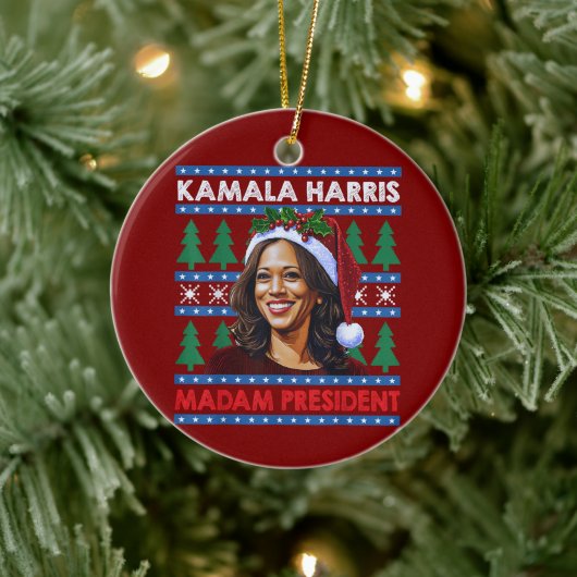 Kamala Harris Madam President Christmas Santa Hat Keramisch Ornament (Boom)