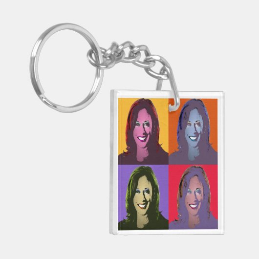 Kamala Harris Pop Art (Geel, Oranje, Paars, rood Sleutelhanger (Voorkant Links)