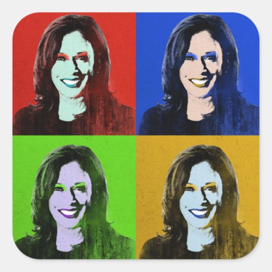 Kamala Harris Pop Art (rood, blauw, groen, geel) Vierkante Sticker (Voorkant)