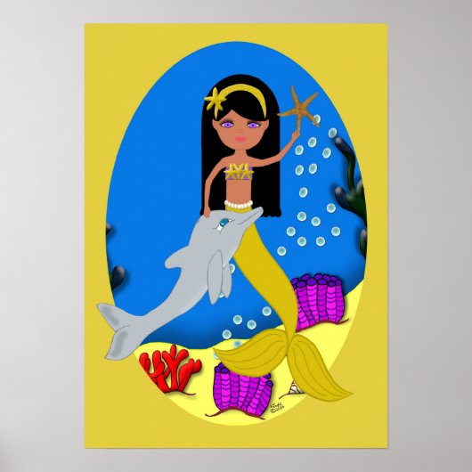Kamaria het Poster Golden Mermaid en Dolphin (Voorkant)