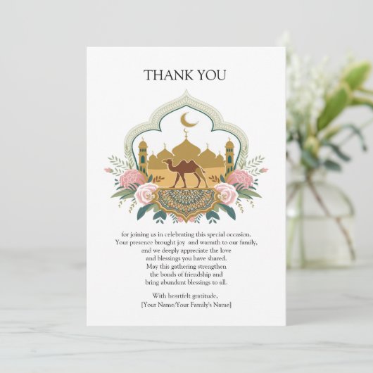 Kameel en moskee harmonie bedankkaart (Staand voorkant)