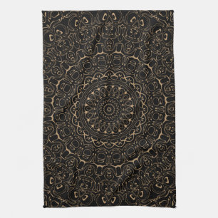 Kameelkleurige Mandala met Elegante Symmetrie Theedoek