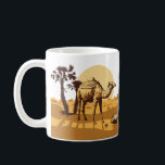 Kamel, woestijn, palmbomen en zonneschijn koffiemok<br><div class="desc">Een kameel in de woestijn tegen een achtergrond van palmbomen</div>