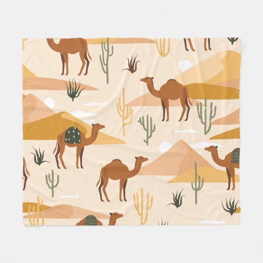 Kamelen Duinen Cactussen: Naadloze woestijn Fleece Deken (Voorkant (Horizontaal))