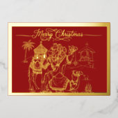 Kamelen, kribbe, vrolijk kerstfeest in rood, goud folie feestdagenkaart (Voorkant)