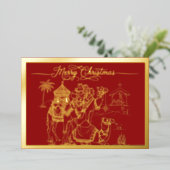 Kamelen, kribbe, vrolijk kerstfeest in rood, goud folie feestdagenkaart (Staand Voorkant)