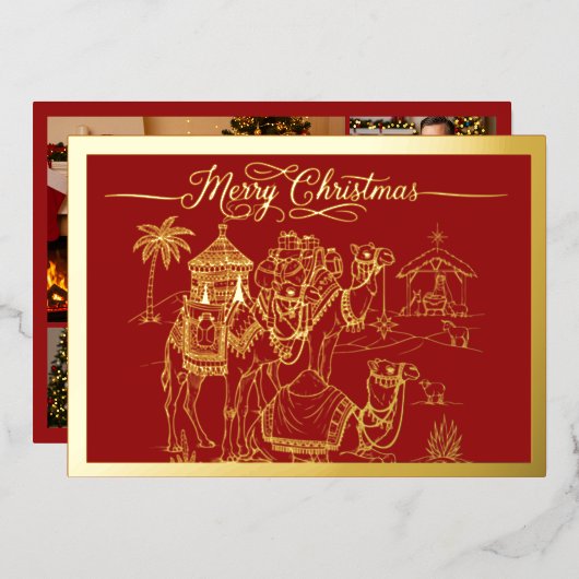 Kamelen, kribbe, vrolijk kerstfeest in rood, goud folie feestdagenkaart (Voorkant / Achterkant)