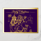 Kamelen, Manger, Vrolijk Kerstfeest in Paarse, Gou Folie Feestdagenkaart (Voorkant)