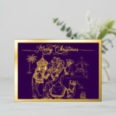 Kamelen, Manger, Vrolijk Kerstfeest in Paarse, Gou Folie Feestdagenkaart (Staand Voorkant)