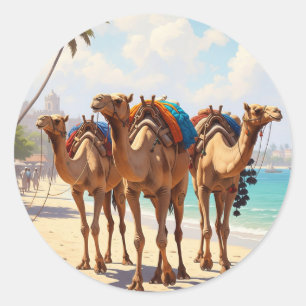 Kamelen op het strand in Mombasa, Kenia Ronde Sticker