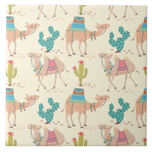 kamelenpatroon, cactus-patroon, woestijnafdruk tegeltje (Voorkant)