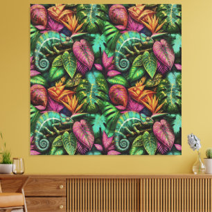 Kameleon Jungle Droom Naadloos Oppervlaktepatroon Canvas Afdruk
