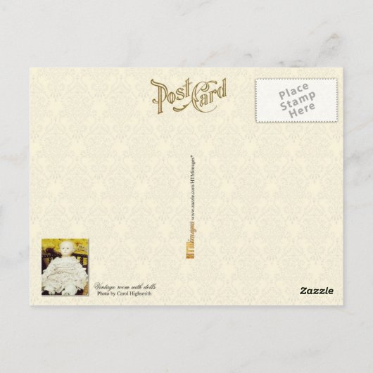 kamer met poppen en wilgentenpram briefkaart (Achterkant)