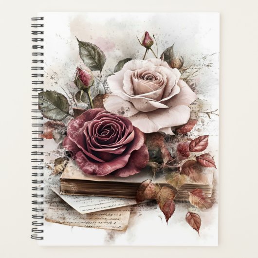 Kameroen en witte rozen met letters en boeken planner (Voorkant)