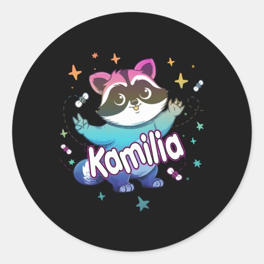 Kamilia Schattige naam met een wasbeer Ronde Sticker (Voorkant)