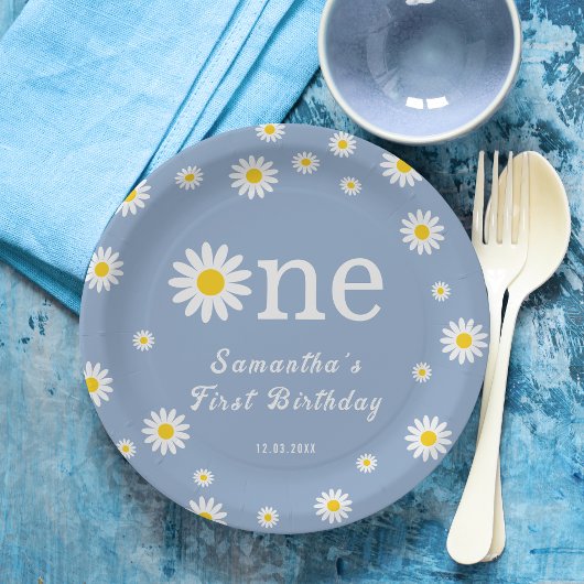 Kamille Bloem Blauw Moderne Eerste Verjaardag Papieren Bordje