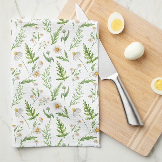 Kamille Bloem Botanisch Rustiek Patroon Theedoek (Quarter Fold)