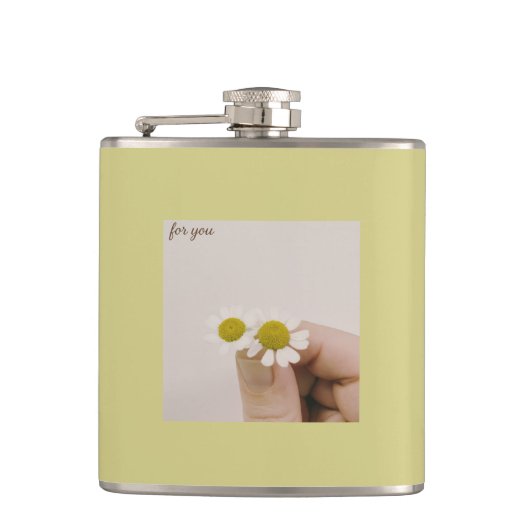 “Kamille Bloem Vinyl Flask – ‘Voor Jou’ Heupfles (Voorkant)