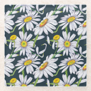 Kamille Bloemen: Donkerblauwe Aquarel. Glazen Onderzetter