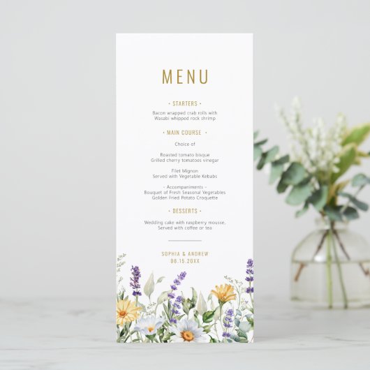 Kamille & Eucalyptus Wildbloemen Bruiloft Menu (Staand voorkant)
