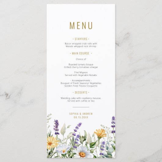 Kamille & Eucalyptus Wildbloemen Bruiloft Menu (Voorkant)