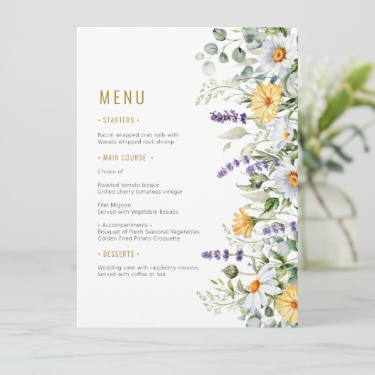 Kamille & Eucalyptus Wildbloemen Bruiloft Menu (Staand voorkant)