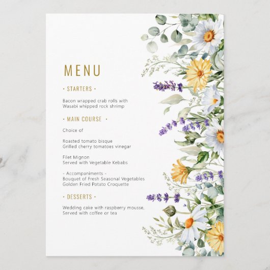 Kamille & Eucalyptus Wildbloemen Bruiloft Menu (Voorkant)