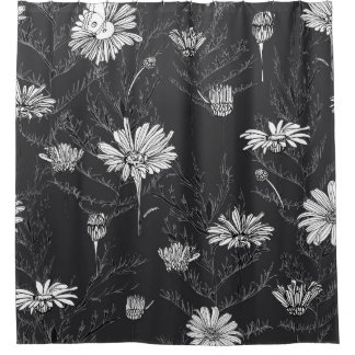 Kamille Zwarte Pen: Bloemenschets. Douchegordijn