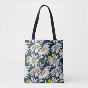 Kamillebloemen: donkerblauwe Waterverf. Tote Bag
