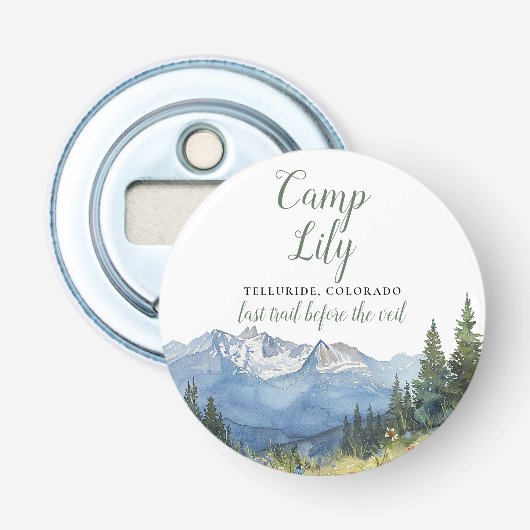 Kamp Bachelorette Mountain Hiking Weekendfeest Button Flesopener (Voorkant)