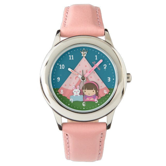 Kamp tipi tent konijntje meisjes gepersonaliseerd horloge (Voorkant)