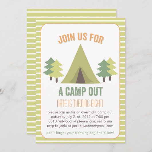 Kamp uit. Birthday Uitnodiging (Voorkant / Achterkant)