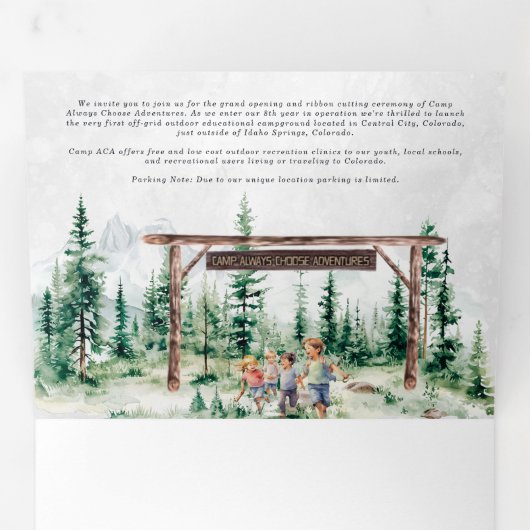 Kampeer Avonturen Altijd Kiezen | Grand Opening Drieluik Uitnodiging (Binnenzijde eerst)