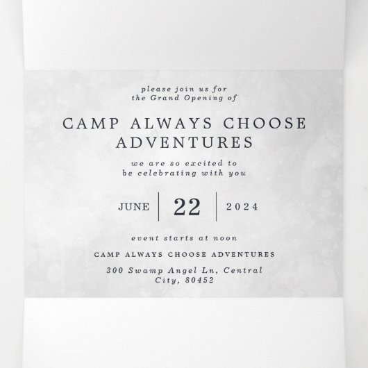 Kampeer Avonturen Altijd Kiezen | Grand Opening Drieluik Uitnodiging (Binnenkant midden)