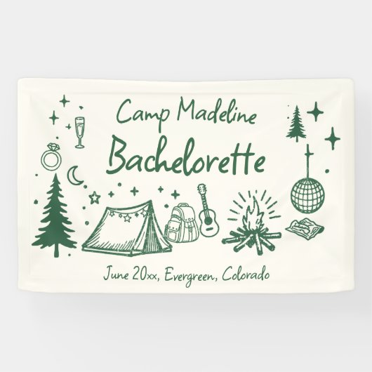 Kampeer Bachelorette Camping Handgetekende Letteri Spandoek (Horizontaal)