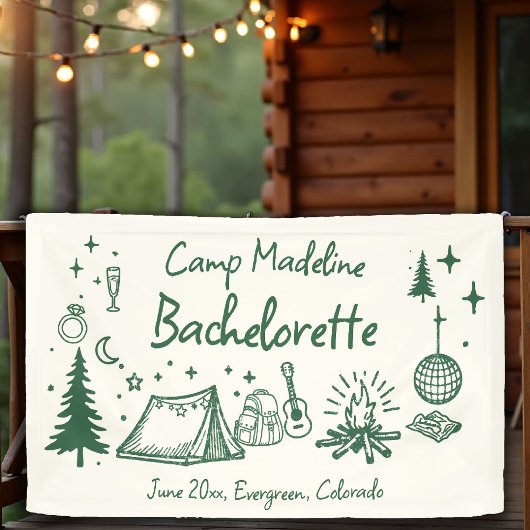 Kampeer Bachelorette Camping Handgetekende Letteri Spandoek