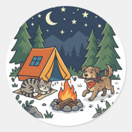 Kampeer Hond en Kat Avontuur Ronde Sticker