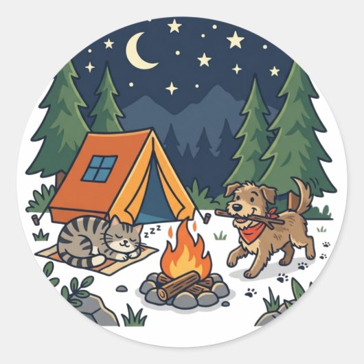 Kampeer Hond en Kat Avontuur Ronde Sticker (Voorkant)
