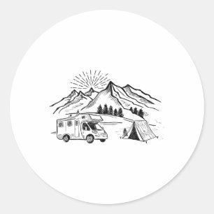Kampeer T-shirt Tent Avontuur en Kampeer Vuur Berg Ronde Sticker