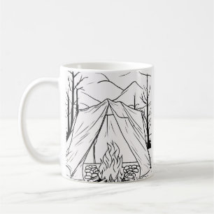 Kampeer Tent Kampvuur Lijn Kunst T-shirt Outdoor A Koffiemok