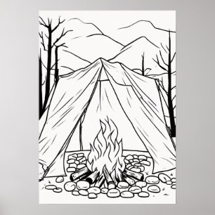 Kampeer Tent Kampvuur Lijn Kunst T-shirt Outdoor A Poster