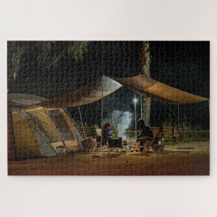 Kampeer Tent Nacht Natuur Buiten Bos Koken Vuur Legpuzzel