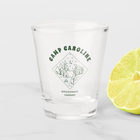 Kampeer vrijgezellenfeest bruidsmeisje op maat shot glas (Voorkant)