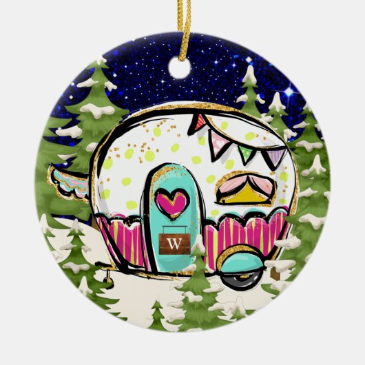 Kampeeraanhangwagen met deurteken keramisch ornament (Voorkant)