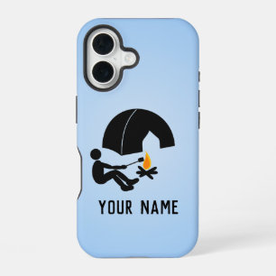 Kampeerder met tent, voeg je naam toe aan blauw iPhone 16 hoesje