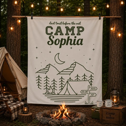 Kampeerfeestje voor de bruid Glamping Camping Wandkleed